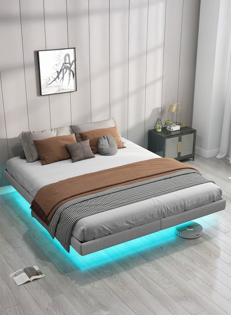 يانارا هيكل سرير معلق بإطار محيط مبطّن وإضاءة LED، منصة سرير معدنية (مقاسات: توين/كوين/كينغ) مع تخزين تحت السرير، مدعوم بدعامات فولاذية ثقيلة، لا حاجة لسرير نابضي، تصميم مقاوم للضوضاء، تركيب سهل، باللون الرمادي - Image 2